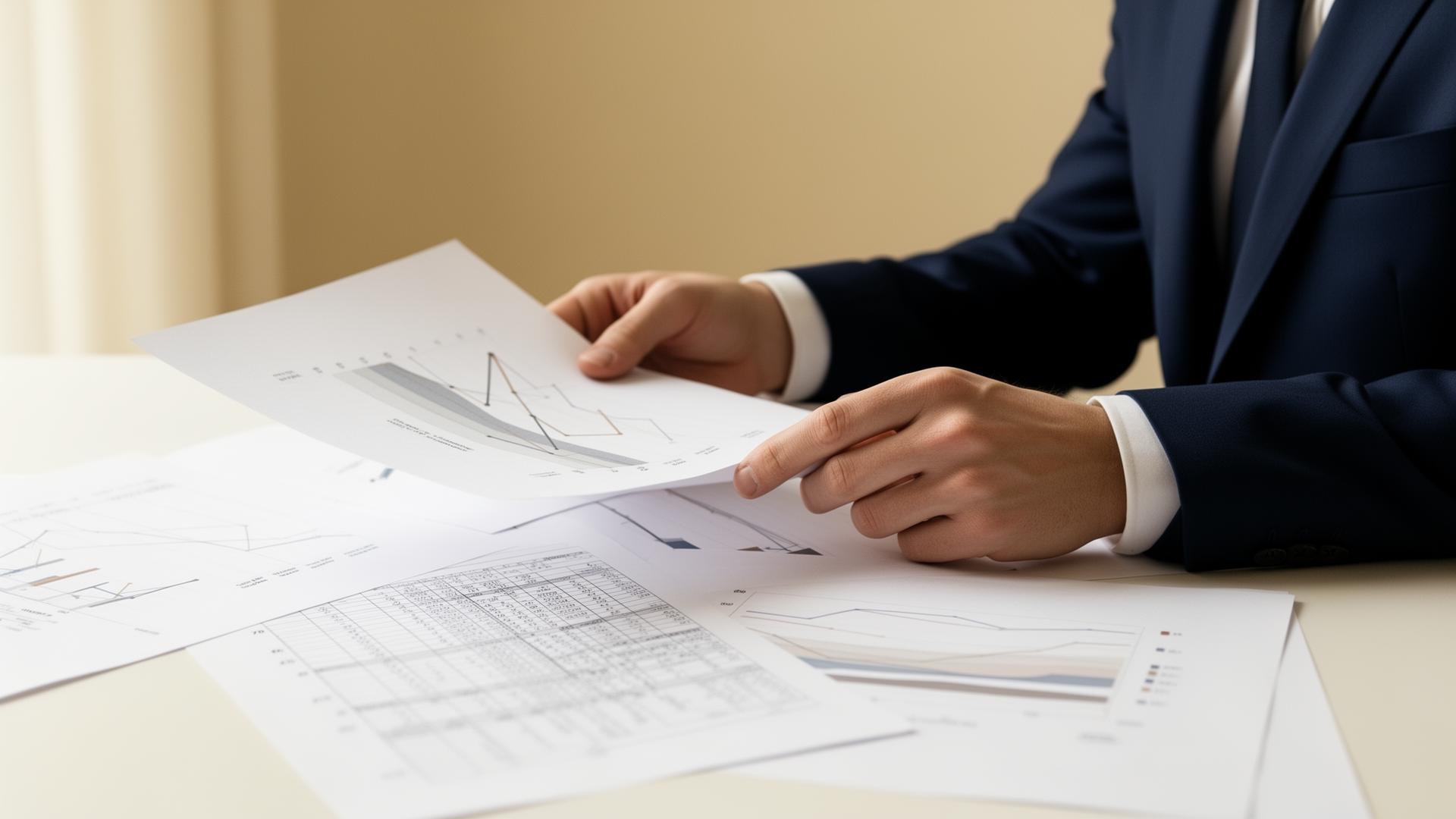 Finance advisor reviewing charts at a desk