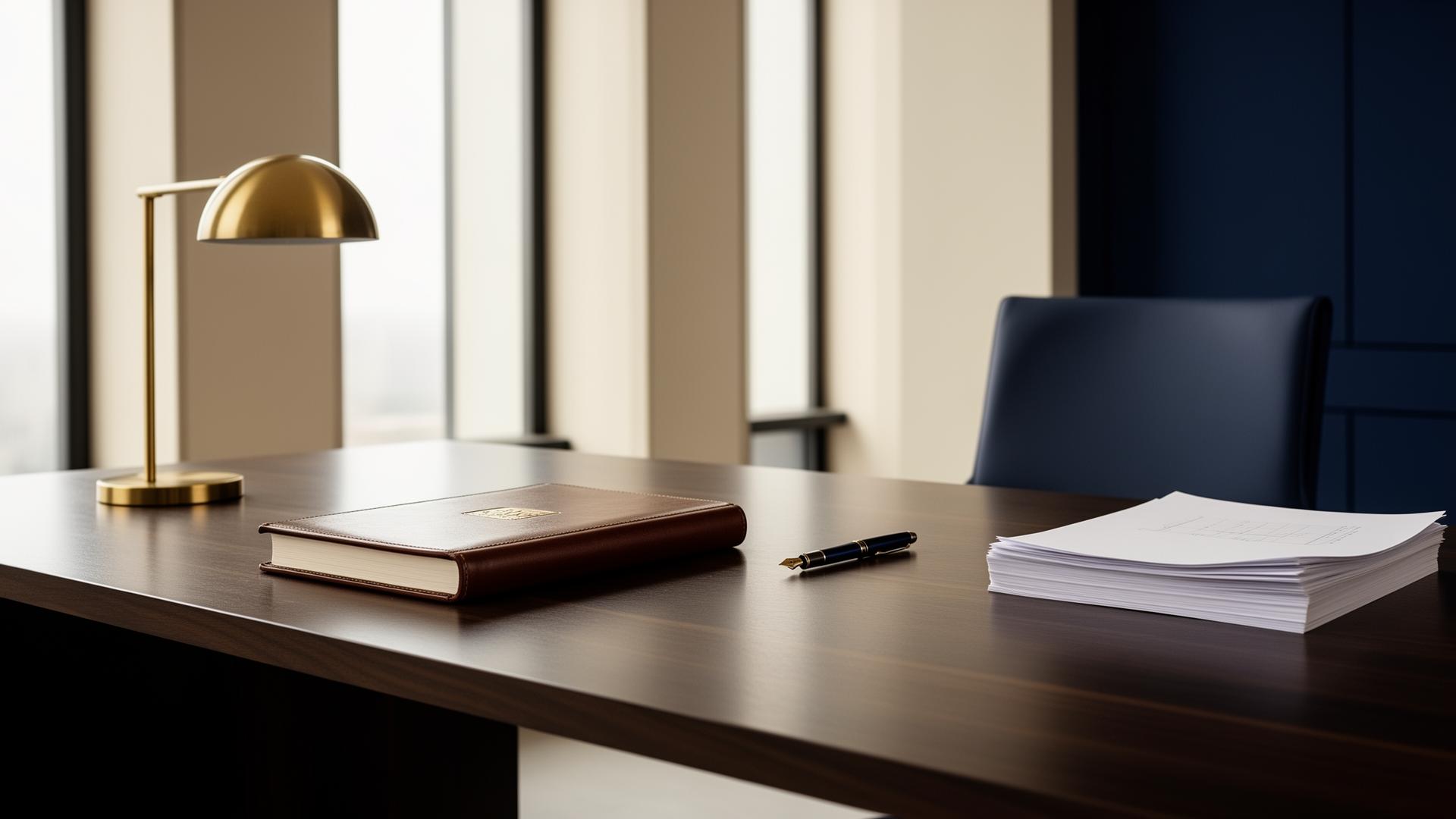 Elegant accounting desk with ledger, fountain pen, and brass lamp